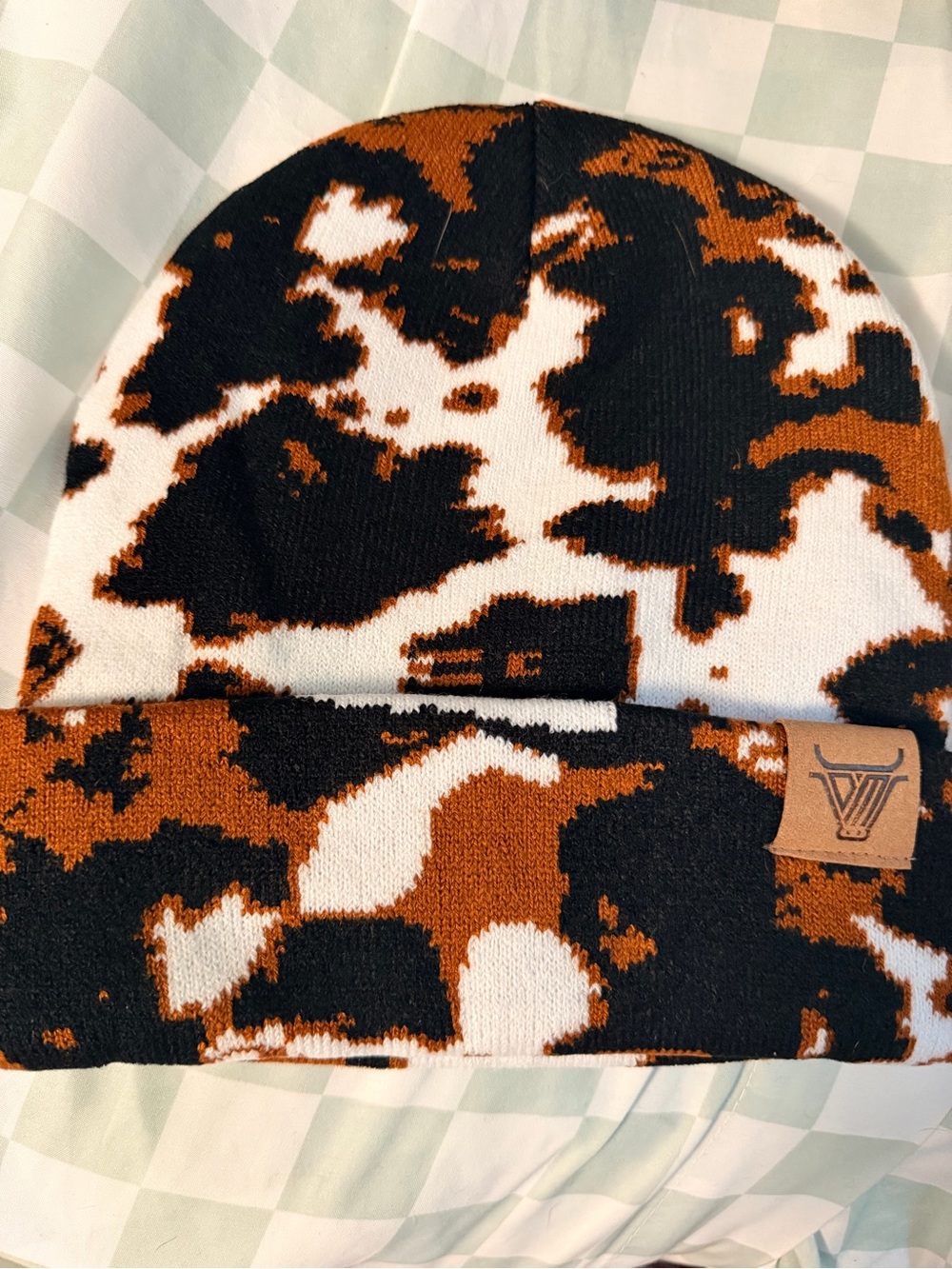 Brown Black White Patterned Knit Beanie